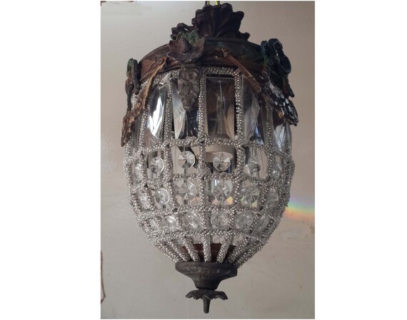 Miniature French Empire Brass Pineapple Crystal Birdcage Lantern Ceiling Light