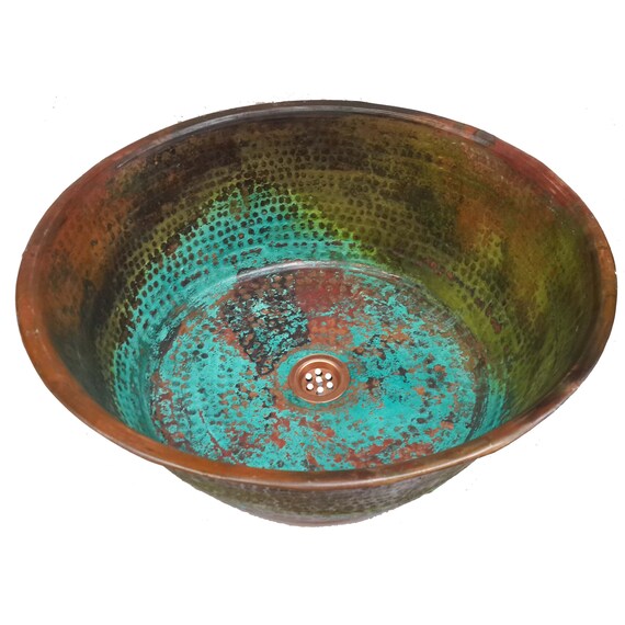 Green Patina Copper Bathroom Sink Fountain Bowl