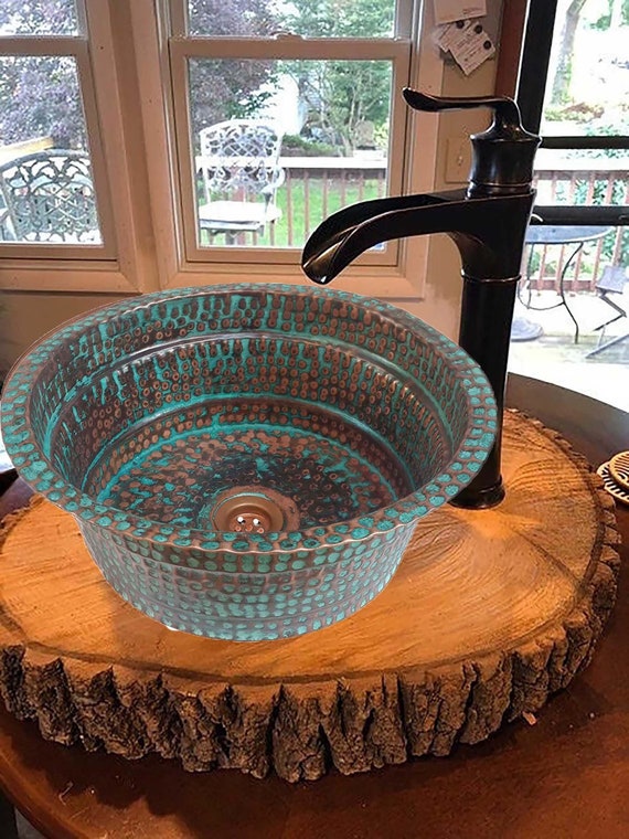 Green Patina Pure Copper Vessel Sink Above Counter Bathroom Etsy