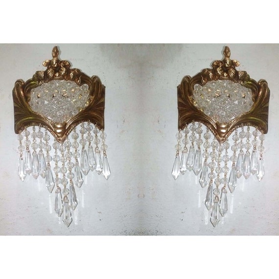 Rustic Pair Antique Replica Crystal Chains French Empire Ornate Wall Sconces
