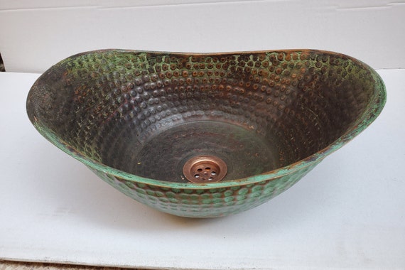 Antique Style Rustic Copper Vessel Bathroom Vanity Sink Wash Basin Bathtub Boat Canoe Toilet Bowl Lavatory Green Patina Bath Tub