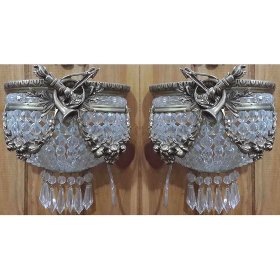 Pair Antique Replica Half Round Crystal Bronze French Empire Small Wall Sconces