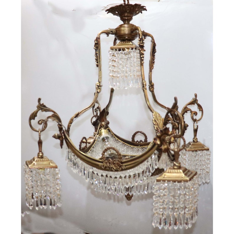 French Empire Crystal Chandelier Beads Chains Bronze Ceiling Etsy