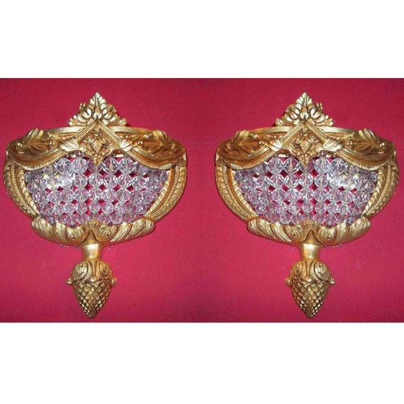 Rustic Pair Antique Replica Crystal Chains French Empire Ornate Wall Sconces