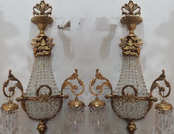 Rustic Pair Antique Replica Crystal Chains French Empire Ornate Wall Sconces