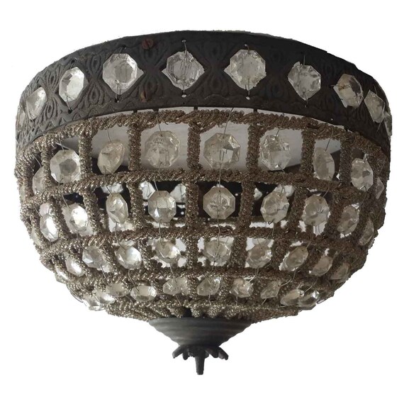 Antique Style Round Vintage Crystal Beads Ornate Flush Mount Ceiling Chandelier