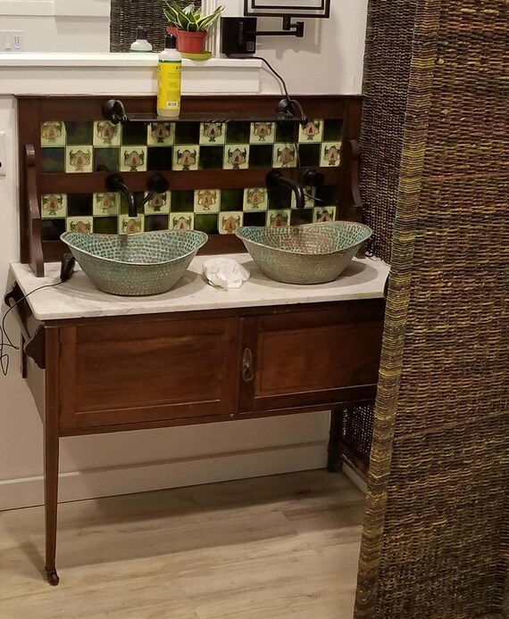 Pair Rustic Copper Vessel Bathroom Vanity Sink Wash Basin Bathtub Boat Canoe Washbasin Toilet Washroom Bowl Lavatory Green Patina Bath Tub