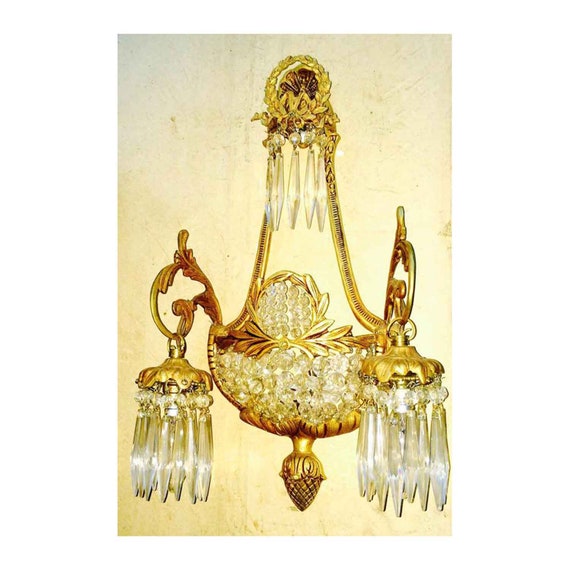 2 Gilded Brass Antique Replica Crystal Chains French Empire Ornate Wall Sconces 