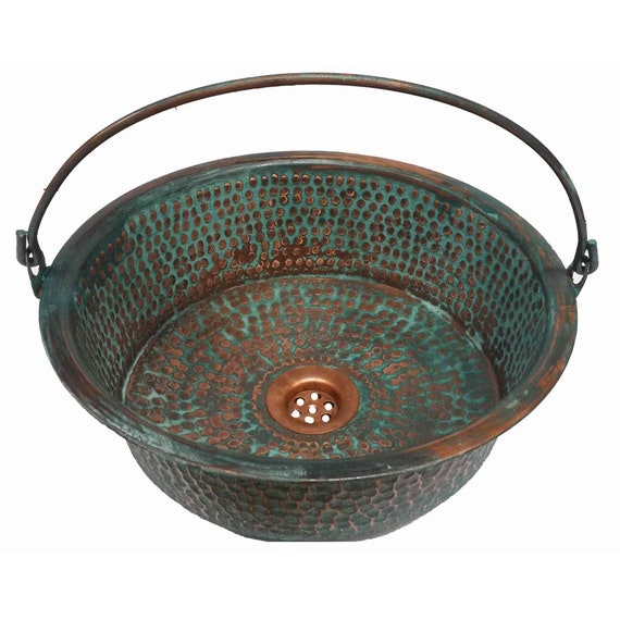 Green Patina Distressed Pure Copper Vessel Hinged Handle Bucket Bathroom Pan Sink