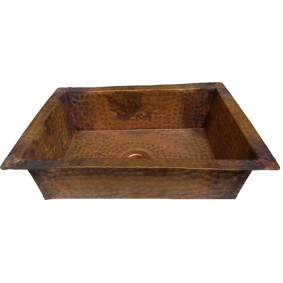Hammered Rectangle Rustic Pure Copper Undermount Bathroom Kitchen Sink Washbasin