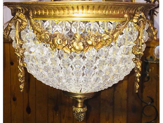 Antique Style Round Vintage Crystal Beads Ornate Gilded Brass Flush Mount Ceiling Chandelier