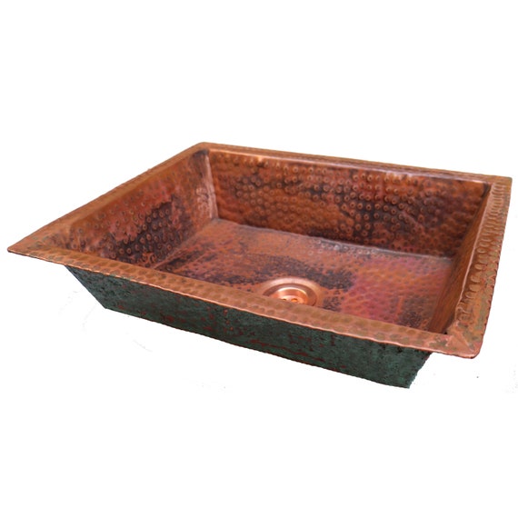 Hammered Rectangle Exterior Aged Green Patina Copper Undermount Bathroom Kitchen Sink Washbasin