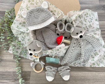 WOLF Baby Gift Set | Woodland Animal | Newborn Outfit | Hat | Booties | Rattle | Handmade | Crochet | Mum to be | Baby Shower Gift