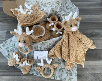 FAWN Deer Baby Gift Set | Woodland Animal | Newborn Outfit | Hat | Booties | Rattle | Handmade | Crochet | Mum to be | Baby Shower Gift