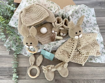 BUNNY RABBIT Baby Gift Set | Woodland Animal | Newborn Outfit | Easter| Booties | Rattle | Handmade | Crochet | Mum to be | Baby Shower Gift