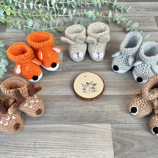 Botines / Animal del bosque / Hecho a mano / Zapatos de cuna / Ganchillo / Zorro Ciervo Oso Lobo Conejito / Regalo de baby shower / Recién nacido / Recuerdo del bebé /