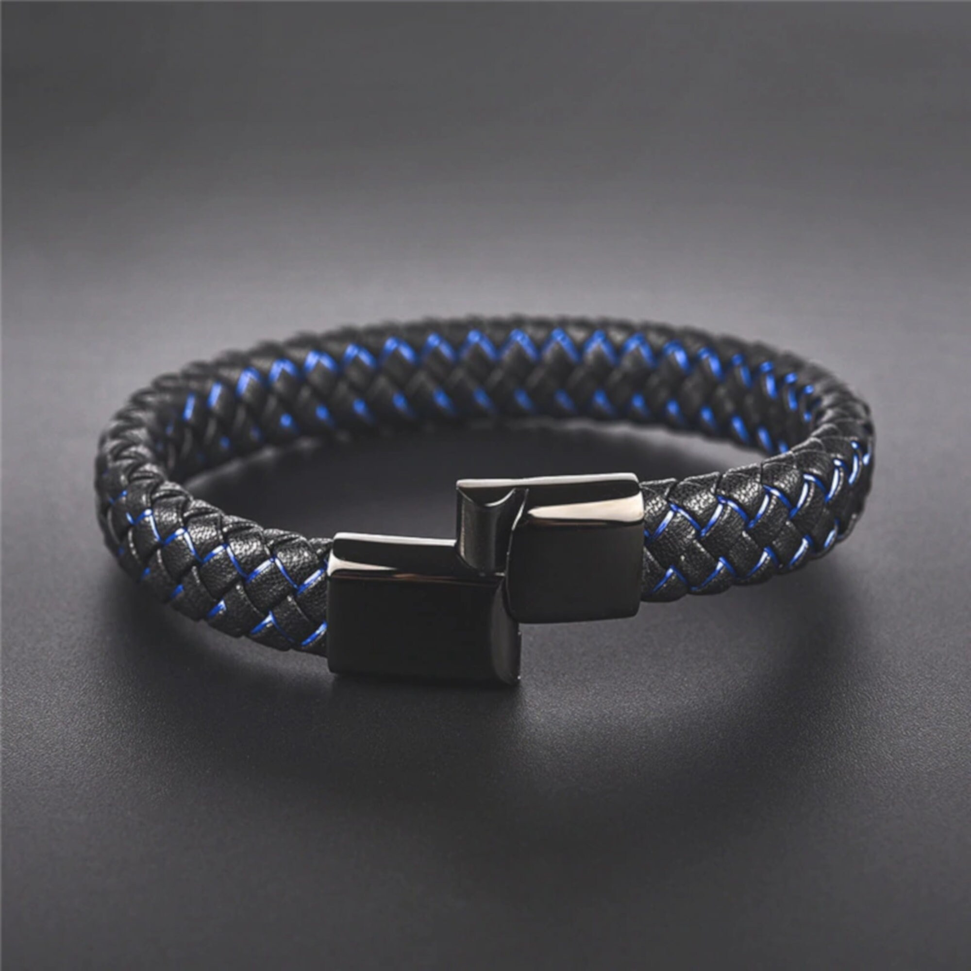 Men's Braided Black Leather Bracelet with Blue Highlight | Etsy