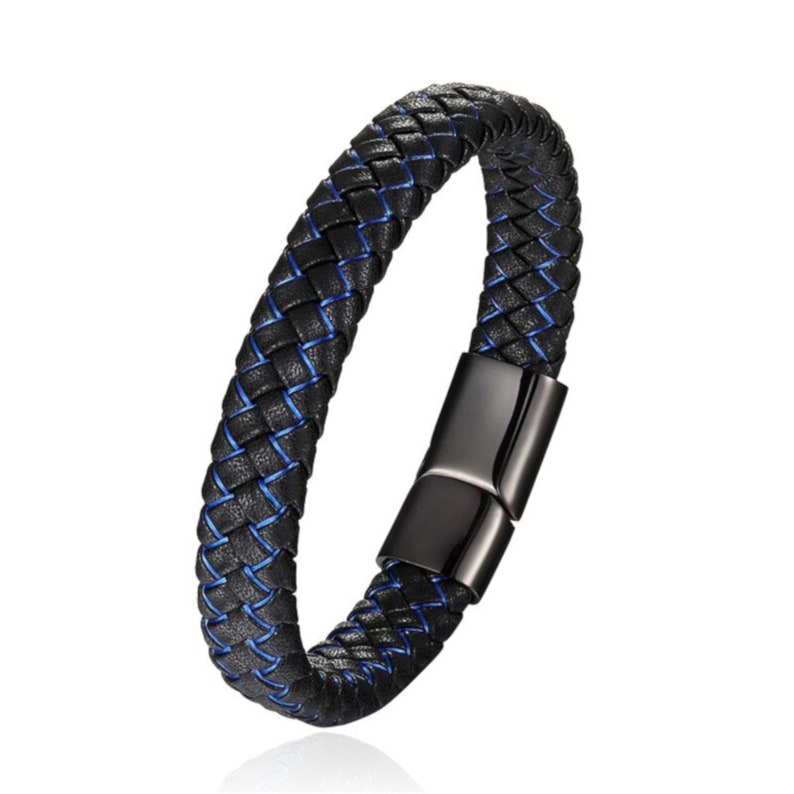 Men's Braided Black Leather Bracelet with Blue Highlight | Etsy