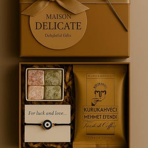 Türkischer Kaffee & Delight Geschenkbox mit Evil Eye Armband - Gourment Leckereien - Geburtstag, Hochzeit, Dankeschön