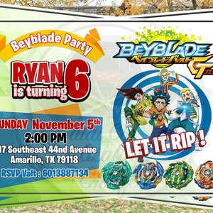 Cartão de convite para festa Beyblade, festa de aniversário Beyblade