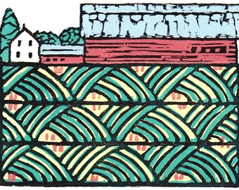 Hayfield 3"x4" Block Print, Matted to 8x10
