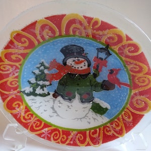 Peggy Karr Snowman with cardinal  10&quot; bowl 2012 signed