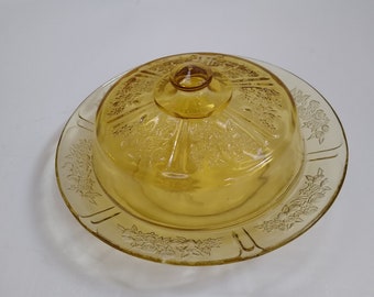 Amber Depression Glass "Sharon" Cabbage Rose butter dish 8"