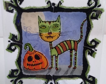 Peggy Karr &quot;Spooky Kats&quot; 9&quot; square plate signed