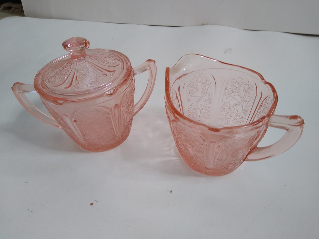 Pink Depression Glass cherry Blossom Pattern Sugar 3 and Creamer 3 Etsy