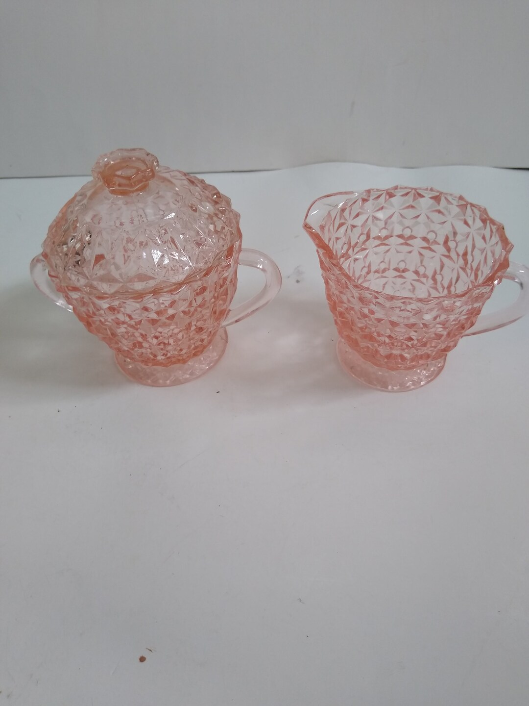 Pink Depression Glass holiday Buttons & Bows Pattern Sugar 3 and