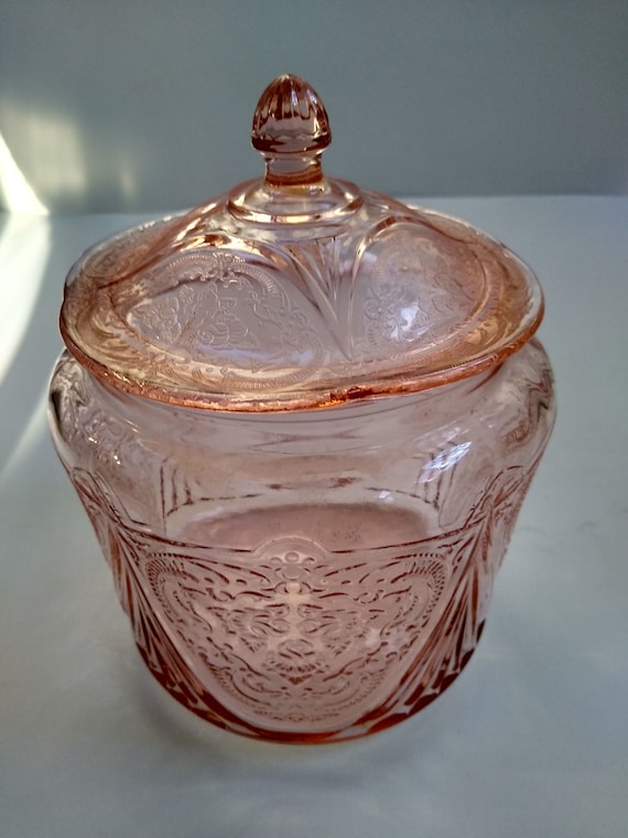 Pink Glass Quilted Glass Biscuit / Cookie Jar W/ Silver Plate Lid / Cover  Antique Container Art Glass 6 1/4 