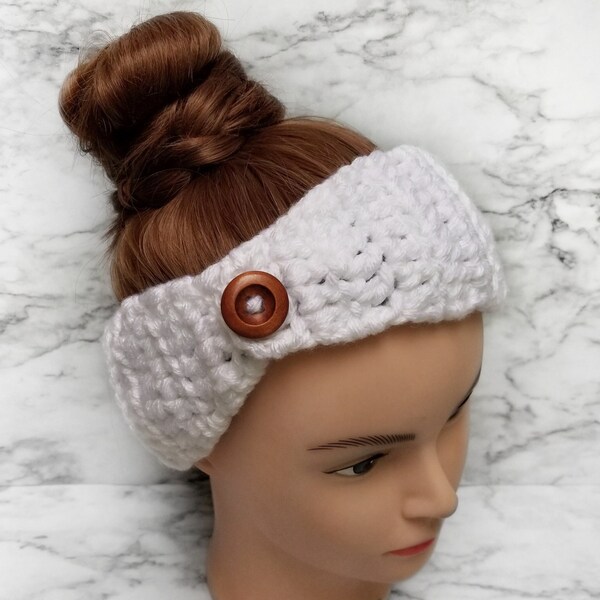 White Winter Headband Ear Warmer, outdoor wear for her, women's ear warmer with button, warm gift for teenager girl