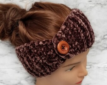 Velvet Ear Warmer Head Band Winter Accessory for Women, button headband warm and cozy gift under 25