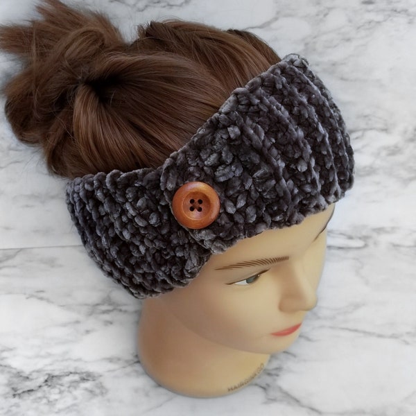 Gray Velvet Ear Warmer Headband With Button, cold weather accessories, adjustable winter headband for women, hygge gift for her