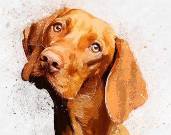 May include: A watercolor painting of a brown and white dog with a curious expression. The dog's head is tilted to the side, and its ears are perked up. The background is a light gray with splashes of color.
