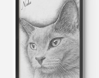 猫の線画イラスト、白黒オリジナルアートワークまたはプリント