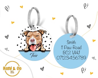 Custom Illustrated Pitbull Portrait ID | Colourful Illustrated Dog ID tags for collars | Personalised Name Blue Dog Tag | Custom Pet Tag