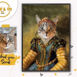 Custom Princess Pet Portrait, Renaissance Lady Cat Wall Art,  Hand-illustrated Memorial Gift, Personalised Framed Poster, Home Decor for Her