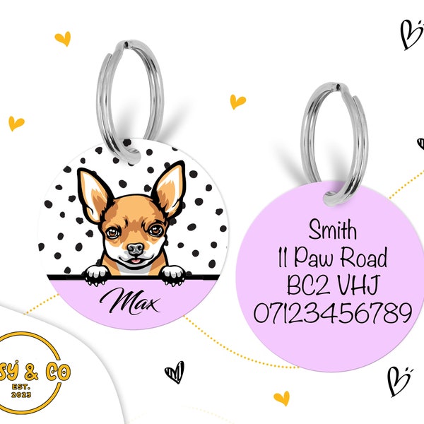 Personalised Name Dog ID Tag - Custom Name tags - Dog id tags - Dog Tags for Dogs - Personalised Chihuahua dog tags -  Circle Pink Dog Tag