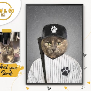 Regalo di Natale per amanti degli animali, ritratto di animale domestico da baseball, regalo di Natale per animali domestici, costume da gatto, ritratto personalizzato, vestito da gatto sportivo americano