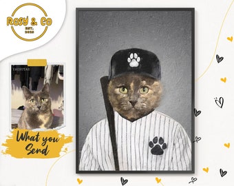 Pet Lover Christmas Gift, Baseball Pet Portrait, Christmas Gift for Pet, Cat Fancy Dress Costume, Custom Portrait, American Sport Cat Outfit