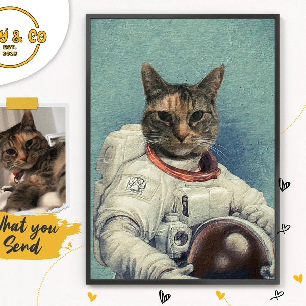 Retrato de mascota personalizado, retrato de mascota, retrato de gato astronauta, arte de gatito real, arte de pared de perro real, pintura de cachorro personalizada, animal divertido