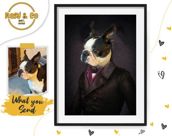 Custom Boston Terrier Pet Gift, Gentleman Boston Terrier Costume, Dog Mum, Dog Sympathy, Custom Dog Portrait Digital, Dog Gift For Him