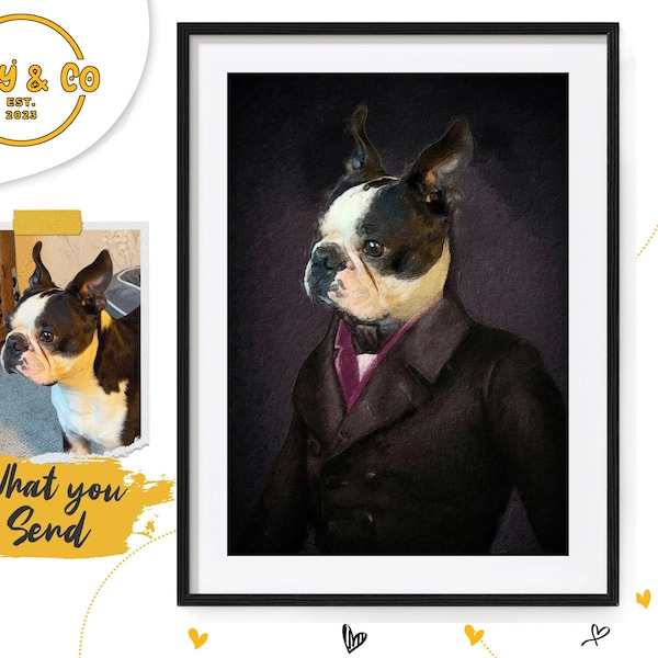 Custom Boston Terrier Pet Gift, Gentleman Boston Terrier Costume, Dog Mum, Dog Sympathy, Custom Dog Portrait Digital, Dog Gift For Him