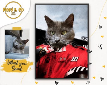 Racing Driver Pet Portrait, Pet Lover Gift, Christmas Gift for Pets, Formula 1 Cat Portrait, Custom Pet Portrait Costume, Pet Loss Gift