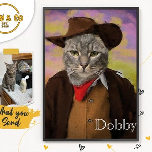 Regalo di Natale per amanti degli animali, ritratto di animali domestici da cowboy western, regalo di Natale per animali domestici, costume da gatto, ritratto regale personalizzato, vestito elegante per gatti