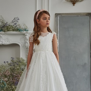 Elegante vestido de primera comunión con cuentas de encaje para niña de 2 a  12 años