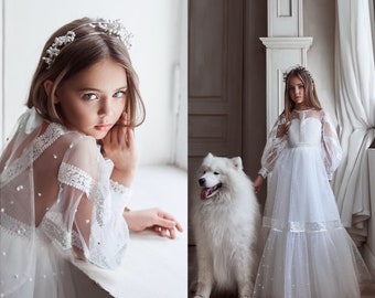 First Communion Dress, Rustic Lace Flower Girl Dress,Baby toddler lace dress, white tulle tutu dress,flower girls dresses, birthday, party