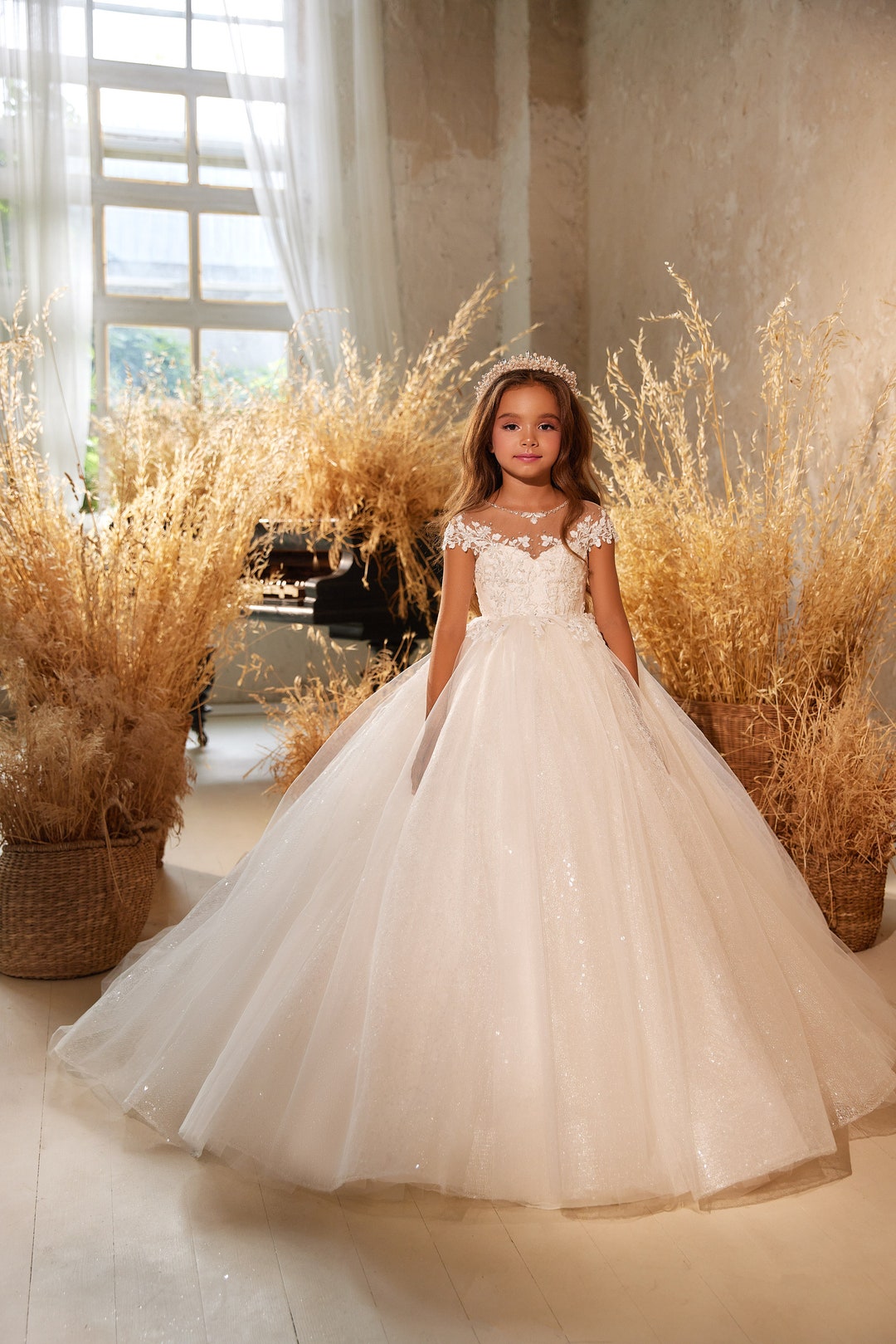 Royal Flower Girl Dress for Weddings Satin Lace Ball Gown Girl Party Communion Dress Pageant Gown Kids Clothing