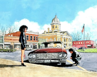 Mud in the Tires, fine art print, Vinny and Lisa, 62 Cadillac convertible, My Cousin Vinny